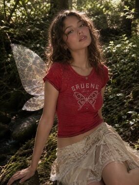 Y2K Gruene Texas Red Stonewashed Butterfly Bling Baby Tee Sz S Boho Fairy Gypsy
